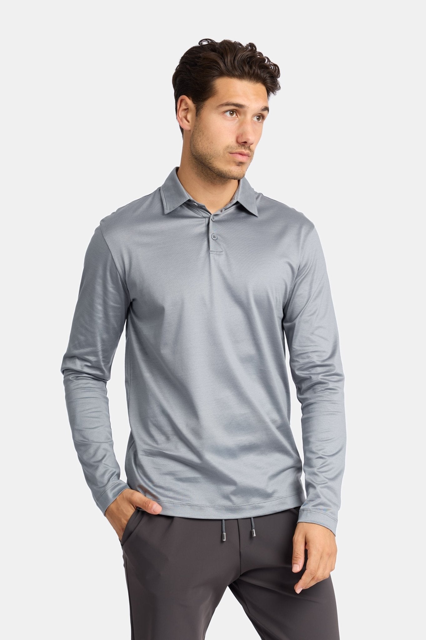 Premium Mist Grey Long Sleeve Polo Shirt - Stylish & Comfortable Homme8 Polo's